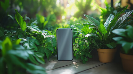 A black cell phone is sitting on a wooden table in front of a potted plant. The scene is set in a lush green garden, with the phone