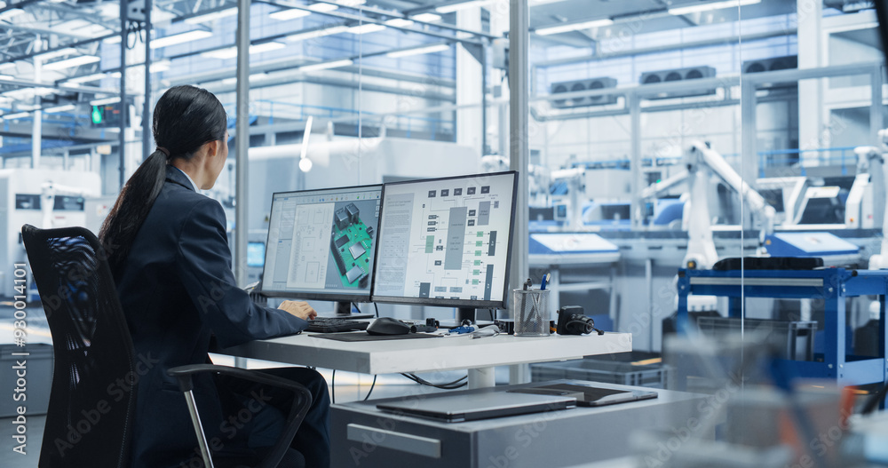 Poster Asian Industrial Engineer Doing Creative Work on a Computer in Office. Female Creating an Innovative Motherboard with Powerful Microchips for Artificial Intelligence Systems