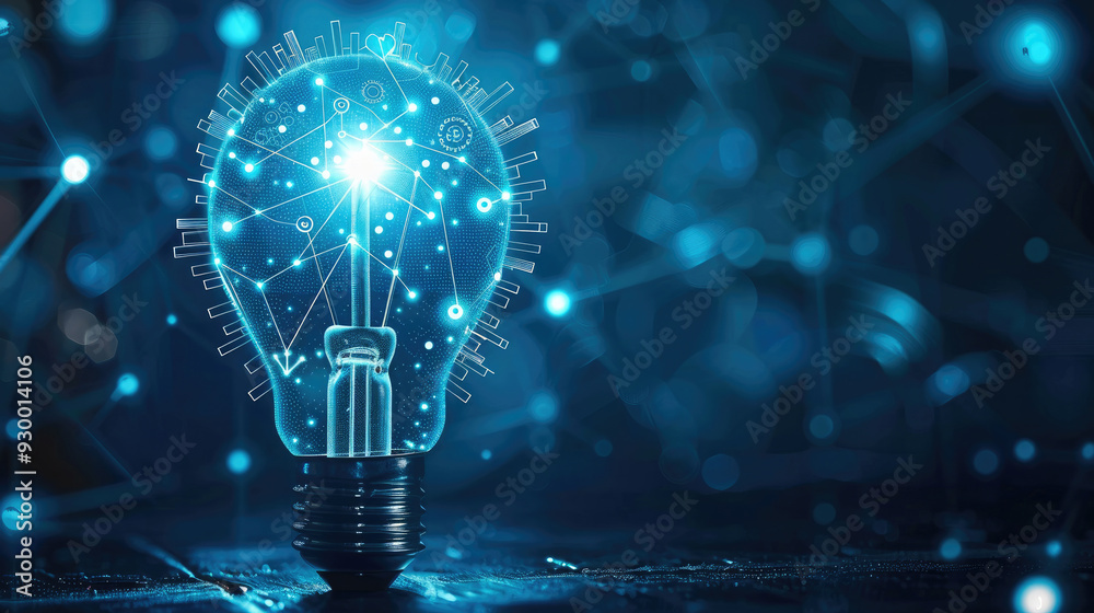 Poster Abstract blue light bulb and cog wheels. Creative Thinking or Business Innovation concept. Digital gears inside polygonal lightbulb in polygons and lines. Generative AI.