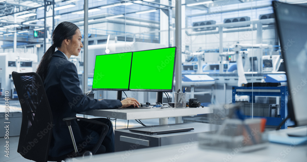 Poster Female Robotics Technician Working on Desktop Computer with Green Screen Chromakey Mock Up Display in a Factory Office. Technological Research, Development Facility with Autonomous Assembly Line