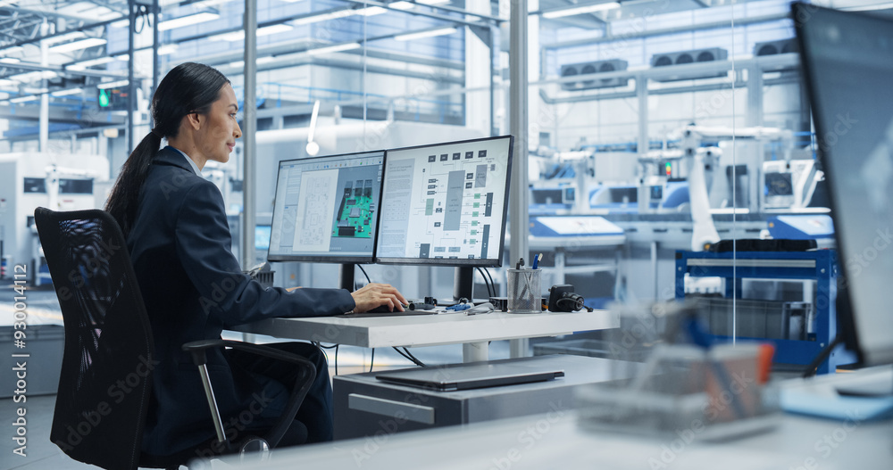 Leinwandbilder asian industrial engineer doing creative work on computer in office. intelligent female creating an 