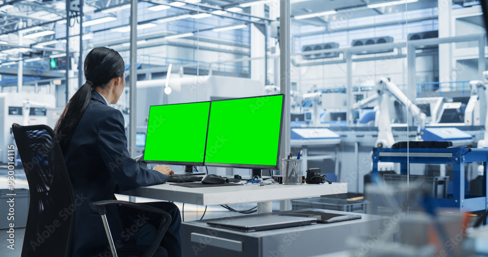 Poster Female Robotics Technician Working on a Desktop Computer with Green Screen Chromakey Mock Up Display in a Factory Office. Technological Research and Development Facility with Autonomous Assembly Line