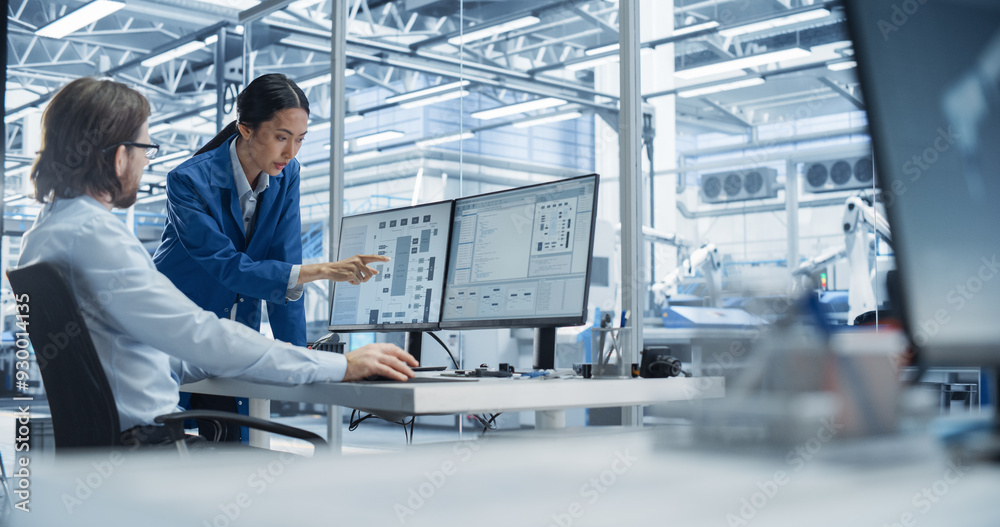 Poster Experienced Male Engineer and Asian Chief Technology Officer Working at a Modern Industrial Factory, Using Computer and Discussing Production of Modern Electronics for Artificial Intelligence Machines