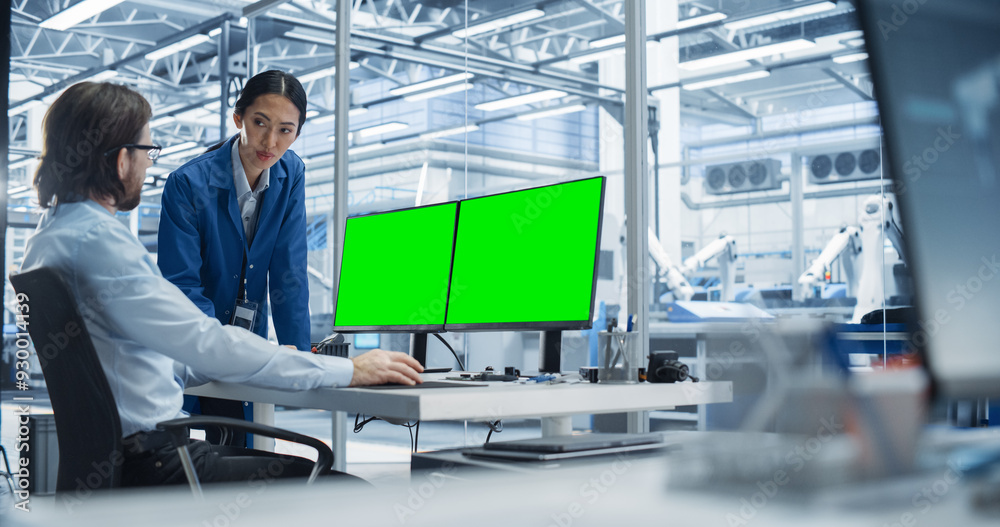 Poster Portrait of a Young Male Engineer and Asian Team Leader Collaborating on a Project, Using Computer With Green Screen Chromakey On Display in a Factory with Equipment Producing Modern Technical Devices