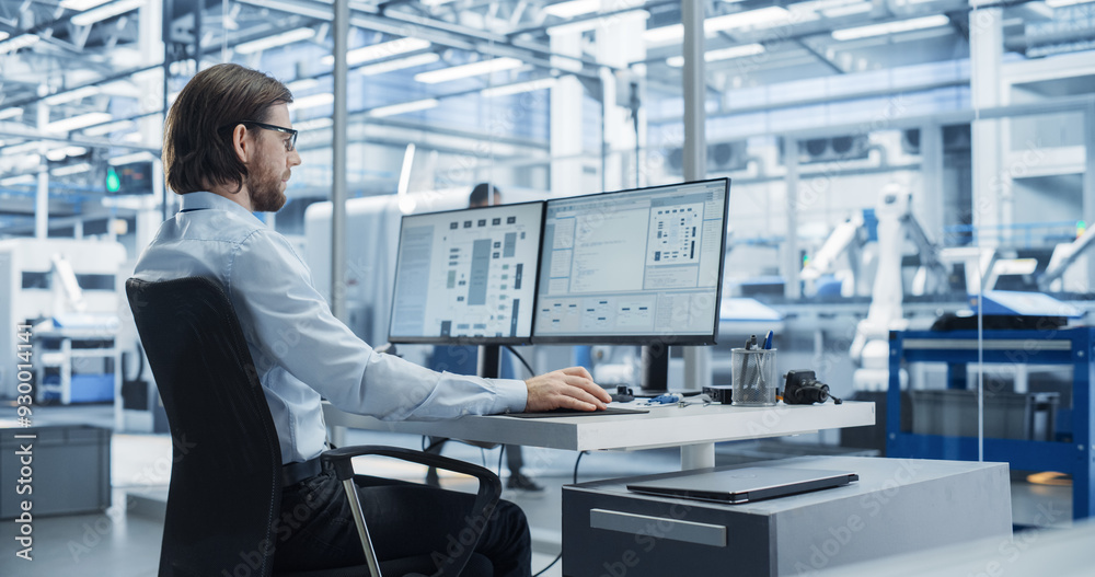 Fototapete Software Developer Programming an Artificial Intelligence Neural Network on a Desktop Computer. Male Working in a Modern Technological Facility with an Automated Production Line with Robotic Arms