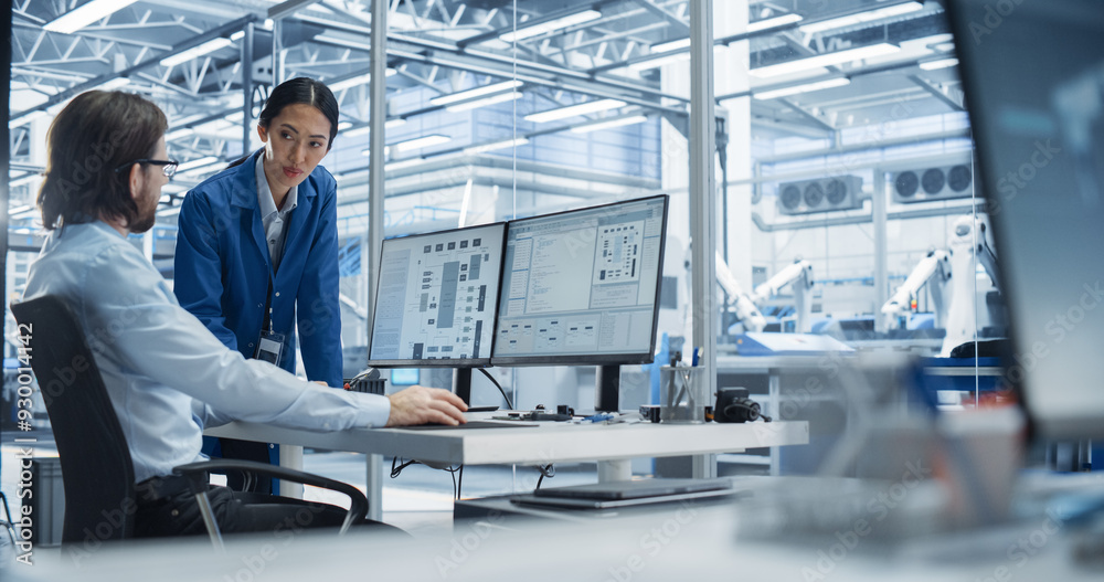 Poster Portrait of a Young Male Engineer and a Asian Team Leader Collaborating on a Project, Using Computer and Talking in a Factory with Equipment Producing Modern Technical Devices for Tech Industries