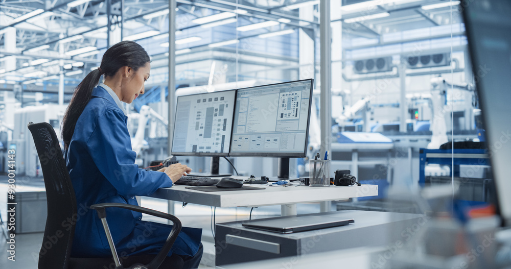 Fototapete Experienced Female Software Developer Working in an Office, Using Desktop Computer and Overlooking Production at a Modern Automated Electronics Manufacture with Robotic Arms. Administrator at Work