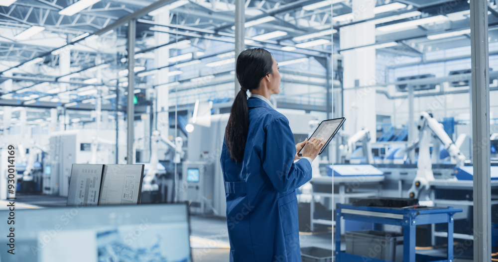 Poster factory chief technical officer working on tablet at futuristic industrial manufacture with autonomo
