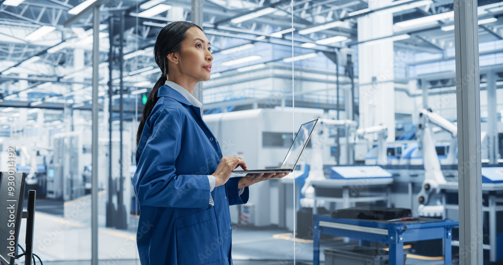 Poster southeast asian engineer using laptop computer and looking around a factory facility with equipment 