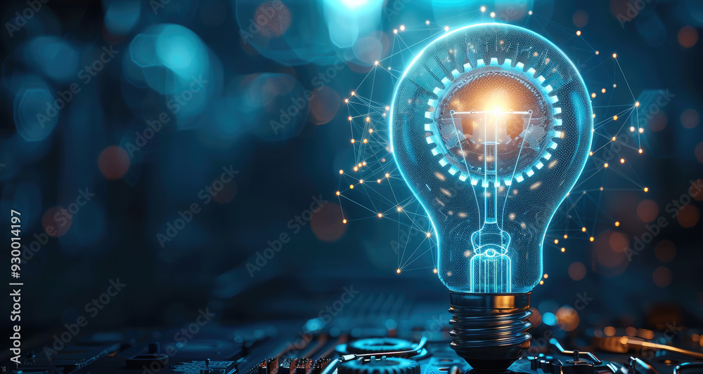 Poster abstract blue light bulb and cog wheels. creative thinking or business innovation concept. digital g