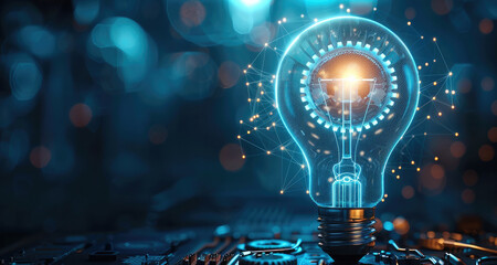 Abstract blue light bulb and cog wheels. Creative Thinking or Business Innovation concept. Digital gears inside polygonal lightbulb in polygons and lines. Generative AI.