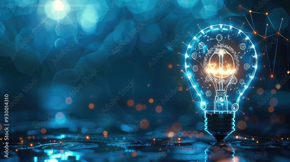 Poster abstract blue light bulb and cog wheels. creative thinking or business innovation concept. digital g