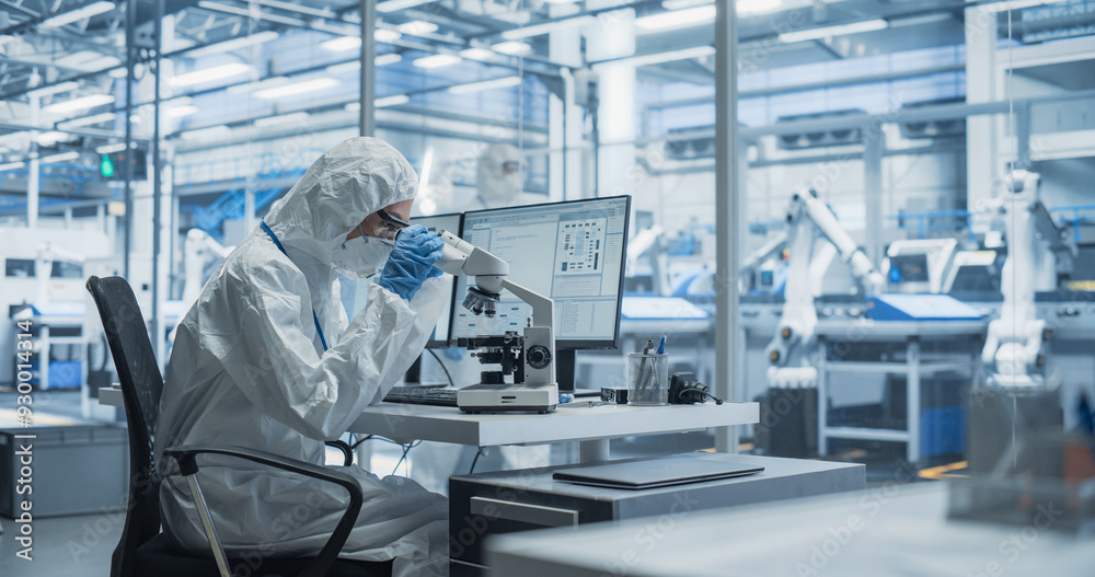 Poster Modern Factory: Industrial Engineer Working on Desktop Computer in Clean Sterile Coveralls. Scientist Using a Microscope, Developing Advanced Solutions for High-Tech Medical Vaccine and Gene Research
