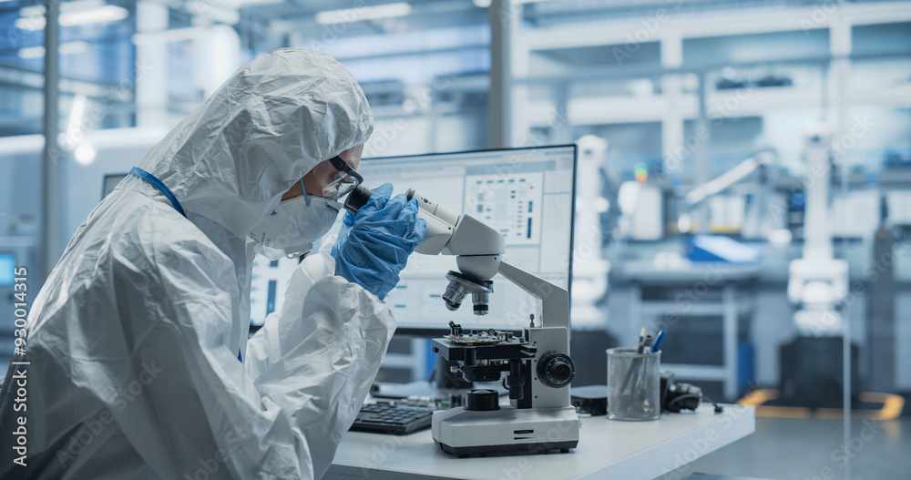 Poster Research Factory Cleanroom: Engineer Wearing Coveralls, Gloves and Goggles while Using Microscope to Inspect a Microchip. Scientist Developing an Advanced Electronics Component for Precision Industry