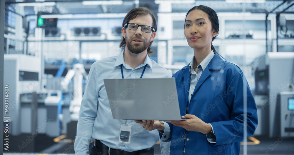 Poster industrial engineers working at a technology factory. caucasian man and asian female using laptop co