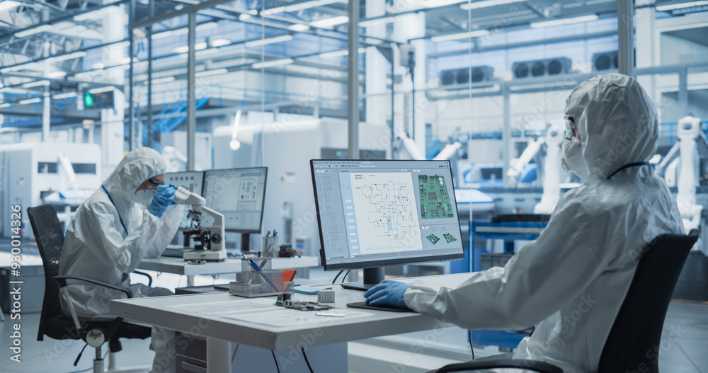 Fototapete Establishing Shot of Two Laboratory Workers in Protective Coveralls Developing a New Advanced Central Processing Unit. PCB Design Engineer Working on a Computer, While Colleague is Using a Microscope