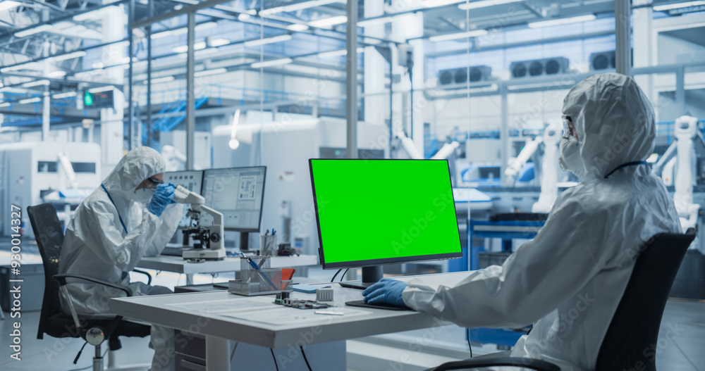 Aufkleber Two Laboratory Workers in Protective Coveralls Developing a Central Processing Unit. PCB Designer Working on a Computer With Green Screen Chromakey On Display, While Colleague is Using a Microscope