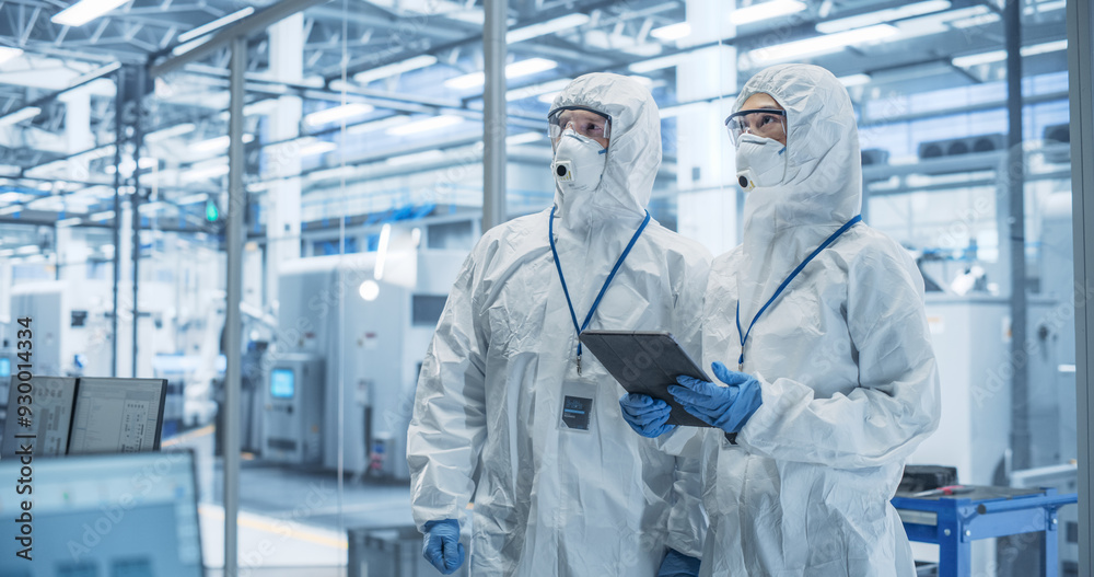 Aufkleber industrial scientists wearing disposable protective suits, masks and goggles at production plant. sp