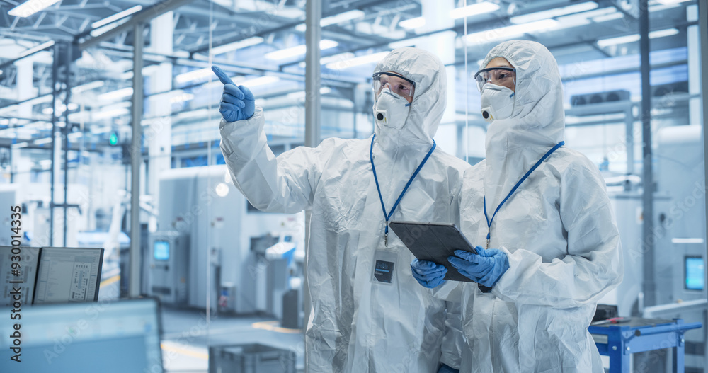 Poster Bioengineers in Protective Coveralls, Masks and Eyewear Using Tablet Computer at a Chemical Manufacturing Complex. Laboratory Specialists Monitoring Conditions at a Modern Factory with Robotic Arms