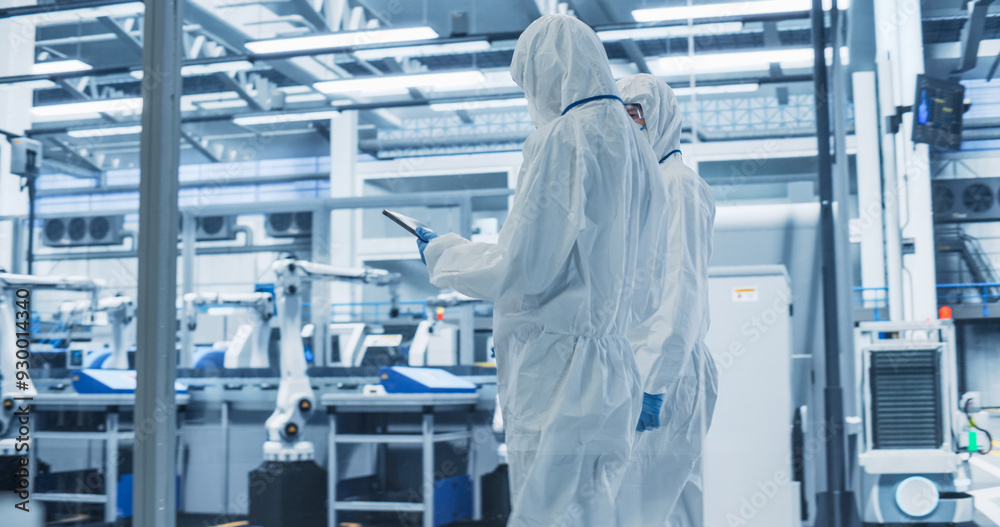Poster Electronics Production Factory: Engineer and Scientist Wearing Coveralls, Walking Next to Assembly Line, Talking and Using Tablet Computer. Professionals Developing Technology with Modern Machinery