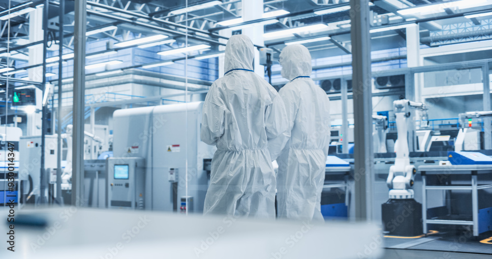 Poster sterile modern factory: professionals in coveralls having a conversation while walking through a pla