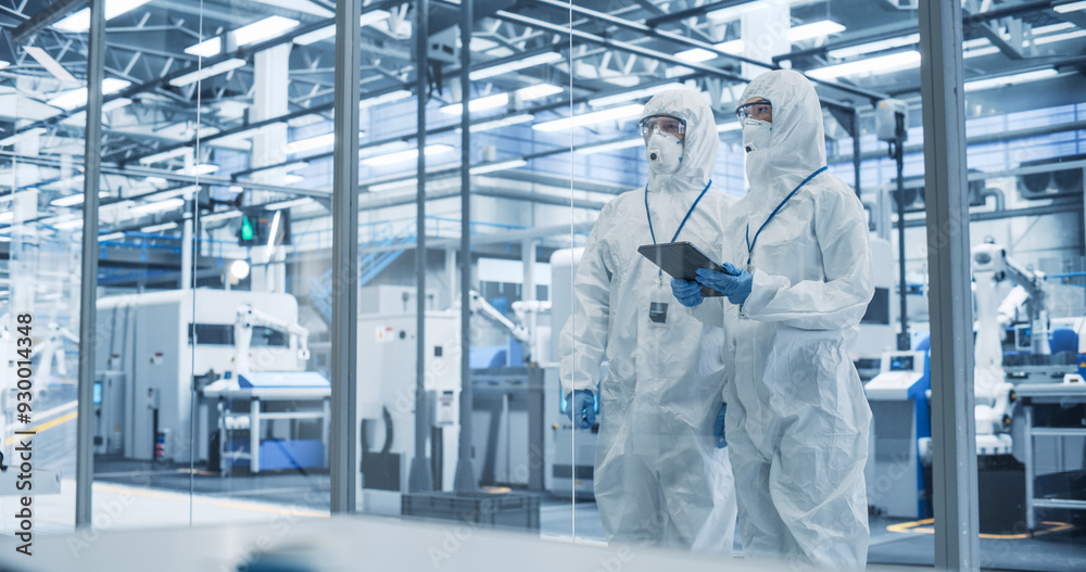 Poster Development Factory Cleanroom: Engineers Wearing Coveralls and Goggles while Talking and Using a Tablet Computer. Scientists Working in Advanced Electronics Manufacture with Precision Machinery