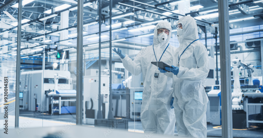 Leinwandbilder Development Factory Cleanroom: Engineers Wearing Coveralls and Goggles while Talking and Using Tablet Computer. Scientists Working in Advanced Electronics Manufacture with Precision Machinery