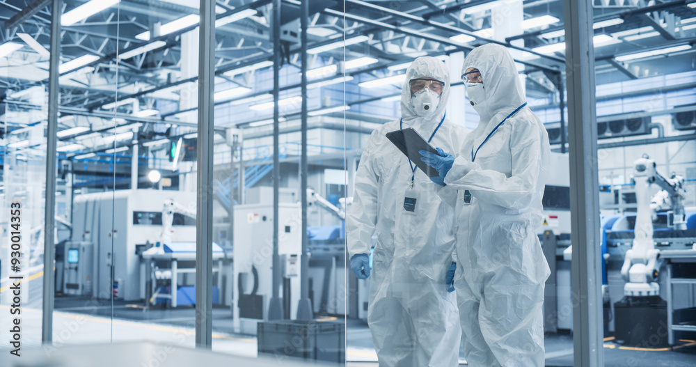 Fototapete Development Factory Cleanroom: Engineers Wearing Coveralls and Goggles while Talking and Using Tablet. Scientists Working in Advanced Electronics Manufacture with Precision Machinery