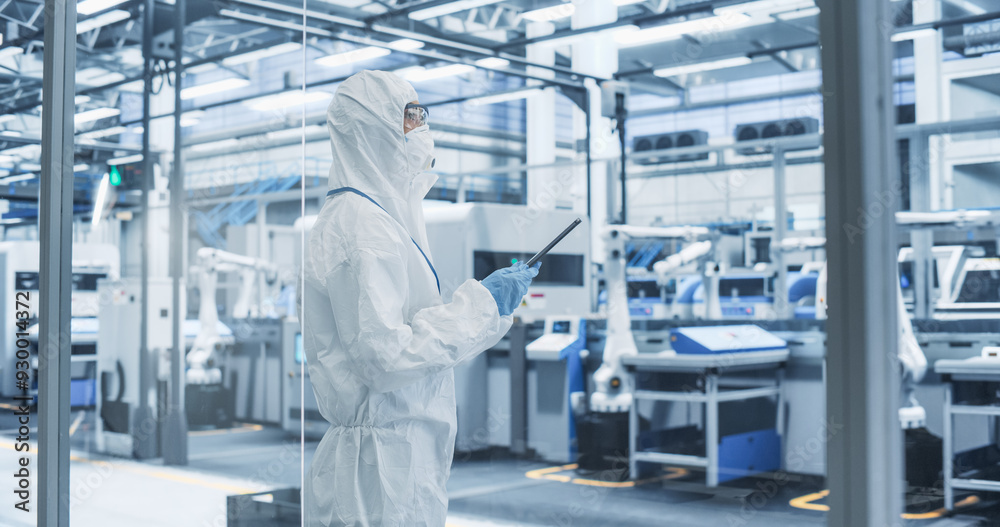 Poster Female Technician in Protective Coveralls, Mask and Eyewear Using Tablet Computer at a Manufacturing Complex. Specialist Monitoring Conditions at a Modern Electronics Factory with Automated Robots