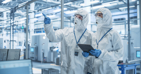 Bioengineers in Protective Coveralls, Masks and Eyewear Using Tablet Computer at a Chemical...