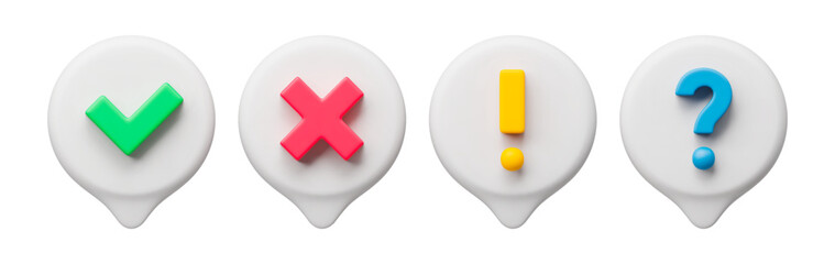 3d realistic set of check icons. Vector illustration of round green tick, red cross, yellow exclamation point, blue question mark. Collection of check icons isolated on white background