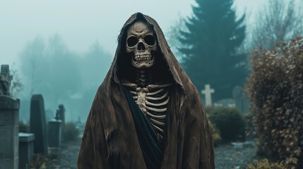A skeleton in a hood standing in a graveyard on a foggy night.