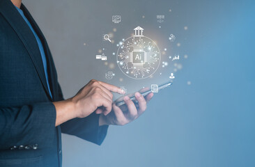 Businessman Hand Using Mobile Phone to Connect Digital banking on mobile , finance bank money technology online, e-commerce, Smart, E-wallet, Financial and Economy.