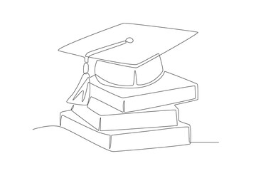 Graduation hat on books. Graduation hats concept one-line drawing