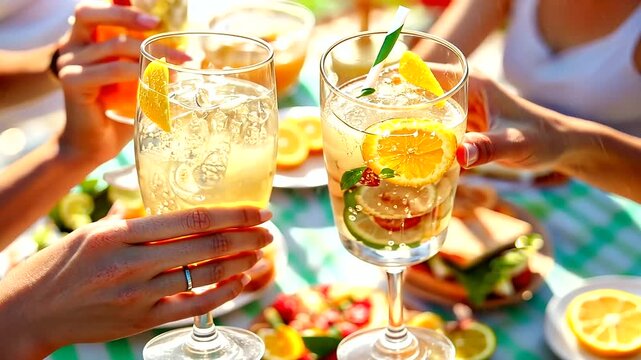 Friends cheerfully toasting with glasses of lemonade.