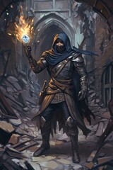 Fototapeta premium Role-playing game illustration showing an adventurer with a torch in a dungeon.