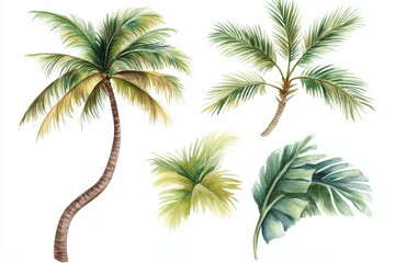 Fototapeta premium A green palm tree painted in watercolor and shown against a white background. An old fashioned coconut tree with flowers in the tropical rainforest.