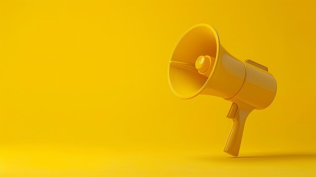 Yellow background with megaphone for customer feedback and announcement concept, featuring a loudspeaker symbol and alert message icon, ideal for promotions, surveys, client comments, and opinion sign