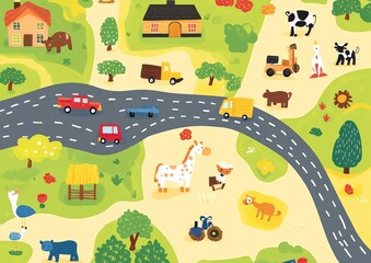 Fototapeta premium The children's labyrinth puzzle game featuring a cute car, houses and trees. The children's labyrinth activity sheet.