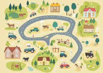 Obraz premium Maze puzzle game for children with cute cars, houses, and trees. Maze activity sheet for kids.