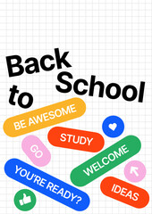 Back to school layout template. Design with geometric shapes and y2k patches, labels, tags, stickers for your flyer, poster, cover, brochure or banner. Trendy promo labels.