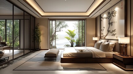 New Chinese style bedroom, spacious, modern and new Chinese elements fusion. Generative AI.