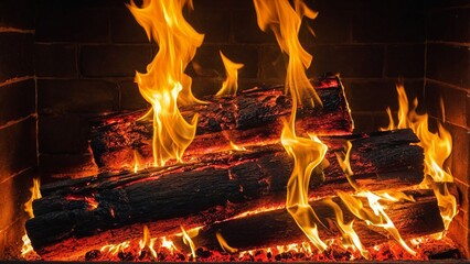 Fototapeta premium a fire burns in a fireplace with flames burning.