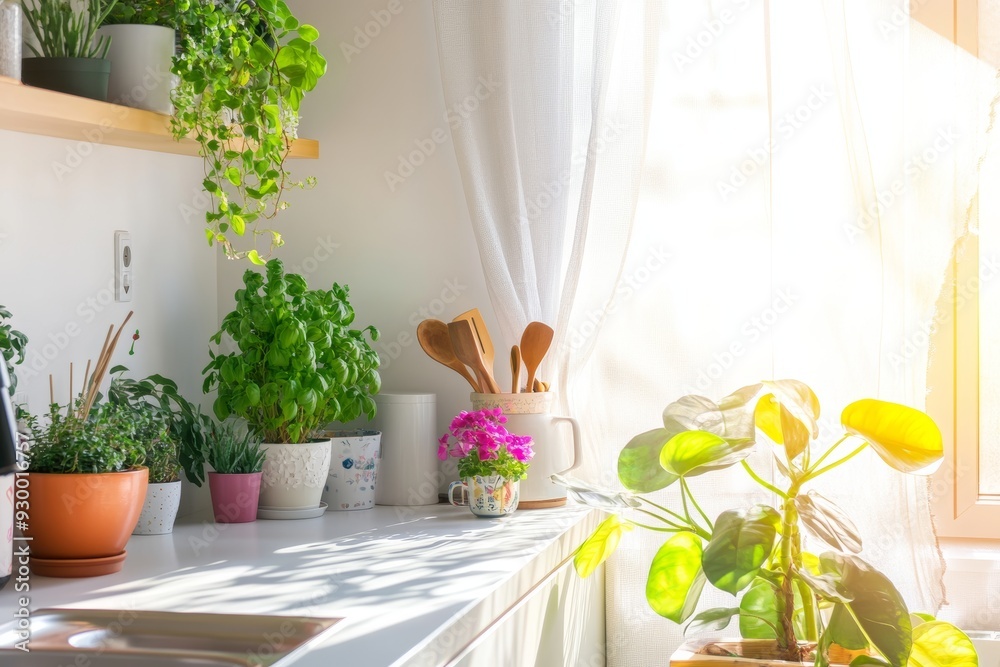 Canvas Prints View from the front of an elegant kitchen setting. There are various kitchen utensils neatly arranged on the white countertops, alongside a vibrant green houseplant.