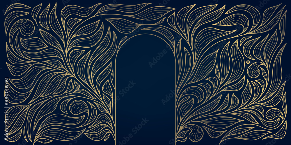 Wall mural Vector arch and leaves art deco texture, line nouveau luxury illustration, nature ornament, gold on black elegant motif.