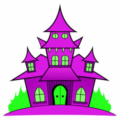 Fototapeta premium Purple Haunted House with Green Accents, Spooky Cartoon Halloween Illustration, Isolated