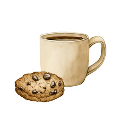 Tea or coffee cup with Chocolate Chip Cookie. Traditional cookie with chocolate drop. Watercolor isolated illustration