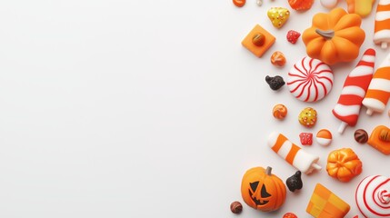 A candyland scene with Halloween-themed candy creatures, 3D illustration, isolated on white background