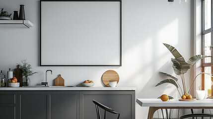 A contemporary, black minimalist kitchen space with horizontal picture frame, elegant design, is mounted on a pristine white wall, perfectly aligned with the minimalist aesthetic. sparsely decorated.