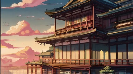 ゲーム背景　和風浮世絵的世界観のある巨大建築全景と夕暮れ空	
